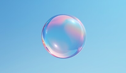 Single iridescent soap bubble floating against clear blue sky, rendered with soft pastel gradients and glossy realism for whimsical designs