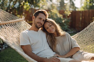 A couple relaxing on a hammock in the backyard captured under soft warm sunlight that creates a peaceful