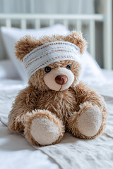 A teddy bear with a bandaged head sitting on white hospital bed