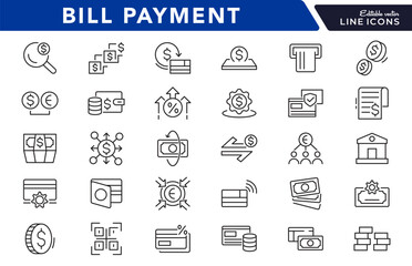 Bill Payment line icon set. Pay, money, finance, payment, investment, financial, card, phone, cash, wallet, banking, transaction line icon set. Ui thin line icon pack.