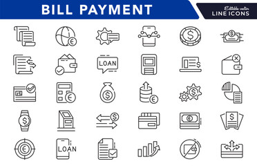 Bill Payment linea icon set. Pay, money, finance, payment, investment, financial, card, phone, cash, wallet, banking, transaction line icon set. Ui thin line icon pack.