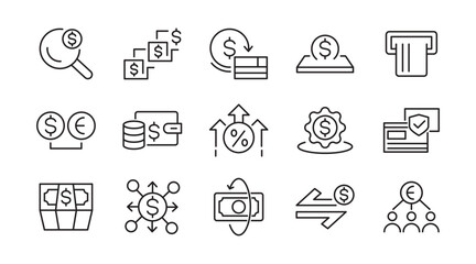 Bill Payment linear icon set. Pay, money, finance, payment, investment, financial, card, phone, cash, wallet, banking, transaction line icon set. Ui thin line icon pack.