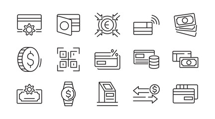 Bill Payment linear icon set. Pay, money, finance, payment, investment, financial, card, phone, cash, wallet, banking, transaction line icon set. Ui thin line icon pack.