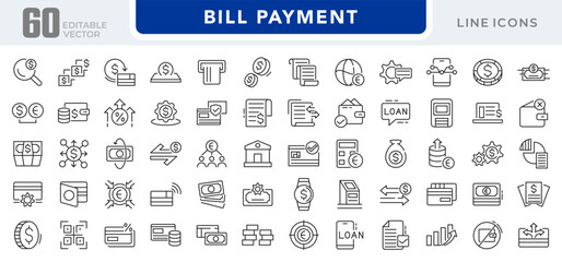 Bill Payment line icon set. Pay, money, finance, payment, investment, financial, card, phone, cash, wallet, banking, transaction line icon set. Ui thin line icon pack.
