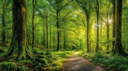 Fototapeta premium Lush Green Forest Path Surrounded by Tall Trees Sunlight Filtering Through Foliage