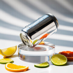 Photo of a silver aluminum can, possibly containing a refreshing beverage, is displayed with citrus slices