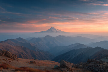 Obraz premium majestic mount elbrus under stunning sunset sky filled with colorful clouds