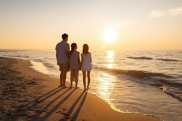 A family enjoying a sunset at the beach with golden sunlight casting long shadows on the sand and