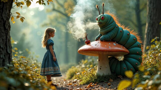 Girl meets magical caterpillar smoking hookah on giant mushroom in enchanted forest. Alice in Wonderland inspired fantasy scene with whimsical creatures and fairy tale atmosphere.