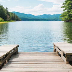 Wooden Dock Overlooking Turquoise Lake and Forested Mountains