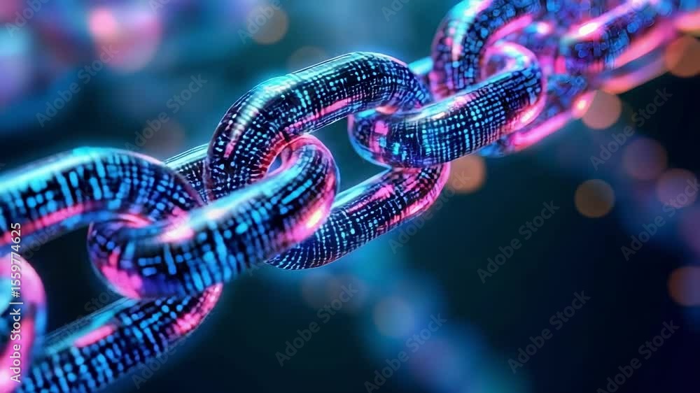 Poster a futuristic, digital representation of a chain, featuring vibrant colors and binary patterns, symbo