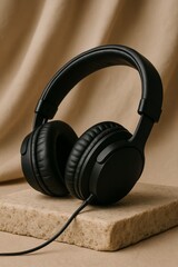 Stylish Black Headphones resting elegantly on a stone, inviting the viewer to immerse themselves in sound. The sleek design and sophisticated presentation is meant to attract any music lover