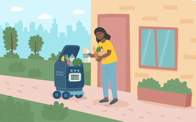 Сoncept of technology and robots delivery. A woman takes out food delivered to her by a delivery robot. Vector flat background. 8 of 8