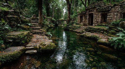 hidden sacred stone complex, mayan jungle temple ruins, ancient rainforest pyramid site