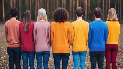 Obraz premium Sustainable Business Concept. Group of Friends in Colorful Sweaters Standing Together in a Forest Environment
