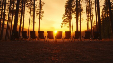 Sustainable Business Concept. Serene Sunset Over Empty Chairs in Forest Setting with Golden Sky and Tall Trees