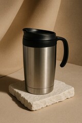 Stainless steel travel mug on a stone coaster. The mug has a black lid and handle.