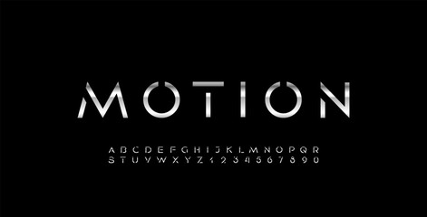 Font stencil silver alphabet, chrome letters from A to Z and numbers from 0 to 9, vector illustration 10EPS.