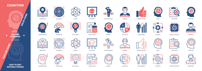 Cognition icon set. Learning, Imagination, Experience, Knowledge, Philosophy, Development, Memory, Problem Solving. Duotone color solid and editable outline icons