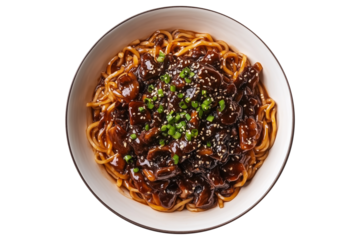Korean black bean Jajangmyeon noodles with tender beef chunks, isolated on white transparent background, concept of Asian cuisine