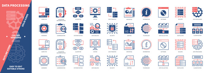 Data Processing icon set. Data, Validation, Aggregation, Sorting, Data Analysis, Classification, Verification, Reporting. Duotone color solid and editable outline icons