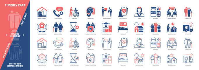 Elderly Care icon set. Humanitarian Aid, Caregiver, Assisted Living, Psychotherapy, Digital Health, Ambulance, Volunteers, Nursing Home. Duotone color solid and editable outline icons