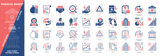 Financial market icon set. Securities, Risks, Stock Exchange, Securities, Borrower, Trade, Raw Materials, Investment. Duotone color solid and editable outline icons