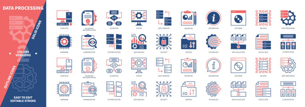 Data Processing icon set. Data, Validation, Aggregation, Sorting, Data Analysis, Classification, Verification, Reporting. Duotone color solid and editable outline icons