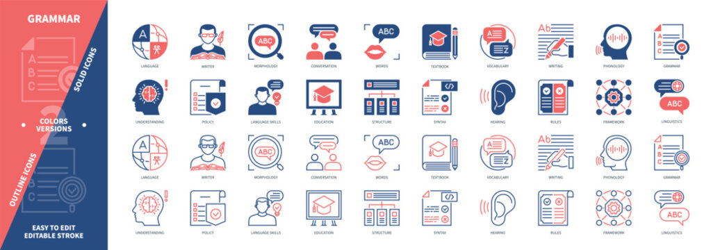 Grammar icon set. Writing, Language, Morphology, Structure, Rules, Words, Syntax, Framework. Duotone color solid and editable outline icons