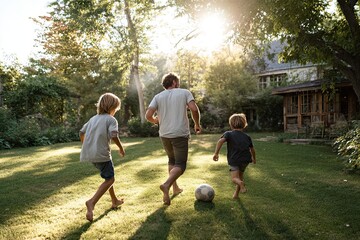 A father and his children playing soccer in the backyard captured in the late afternoon light with long