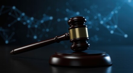 A gavel rests on a sound block against a dark blue abstract background