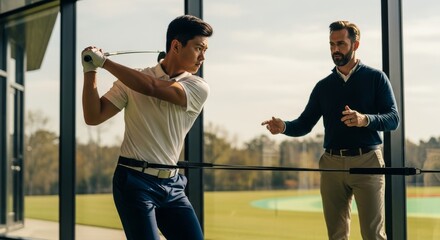 golfer practicing swing with resistance band trainer, coach standing nearby giving instructions, indoor training zone, learning