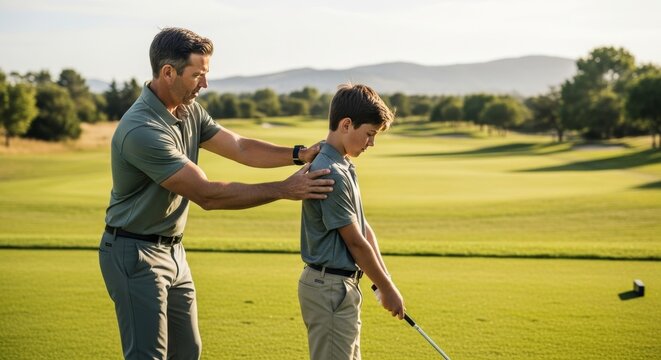 golf coach adjusting student stance during lesson on golf course, proper posture and grip, player focusing on ball, learning