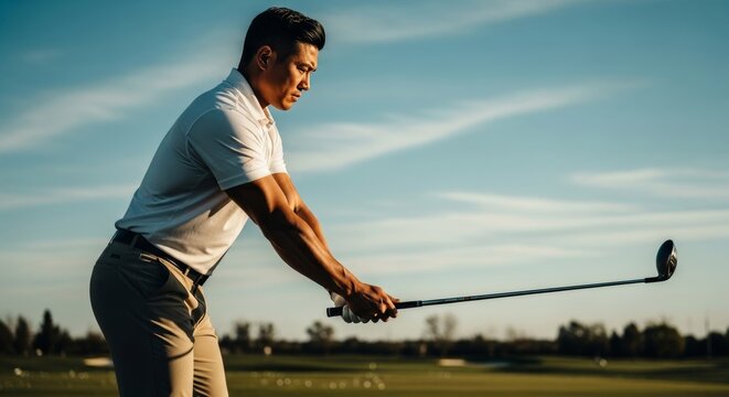 beginner golfer standing on a golf course, practicing basic stance with a club. The posture is clear and easy to understand. learning