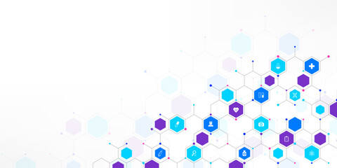 Medical background and healthcare technology with flat icons and symbols. Concept and idea for health care business, innovation medicine, health safety, science, medical research, and development.