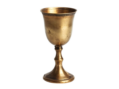 Antique brass goblet with ornate rim isolated on transparent background