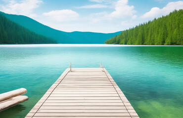 Wooden Dock Overlooking Turquoise Lake and Forested Mountains