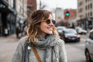 Obraz premium young woman walking in the city steadicam shot