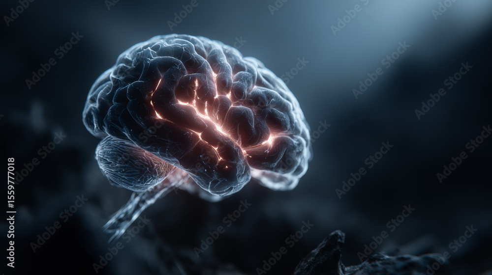 Poster a digital illustration of a human brain with illuminated neural pathways, highlighting cognitive act