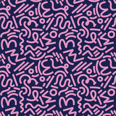 Abstract 80s or 90s hand drawn seamless pattern. memphis style hand drawn illustration. Bright trendy color palette. Circles, squares, lines, spiral. Navy