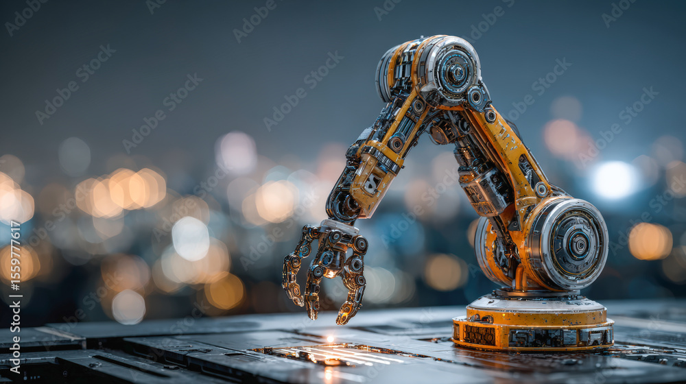 Poster a futuristic robotic arm with mechanical precision operates in a high-tech industrial setting with b
