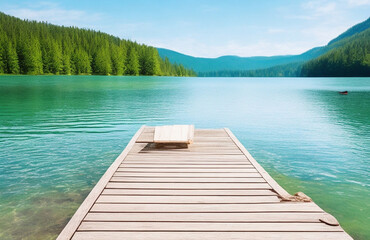 Wooden Dock Overlooking Turquoise Lake and Forested Mountains