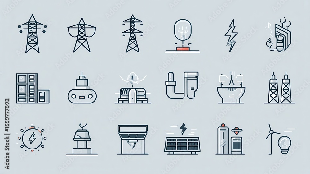 Poster a collection of icons representing various elements of the electricity transmission grid and power i