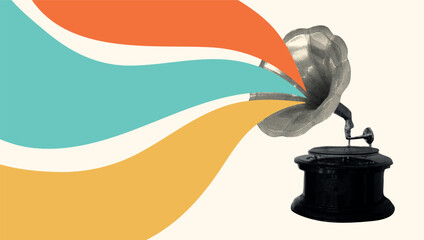 Vintage retro music halftone gramophone. Dotted karaoke collage with audio equipment. Nostalgic grunge disco element for sing poster, podcast, party. Trendy isolated vector illustration.