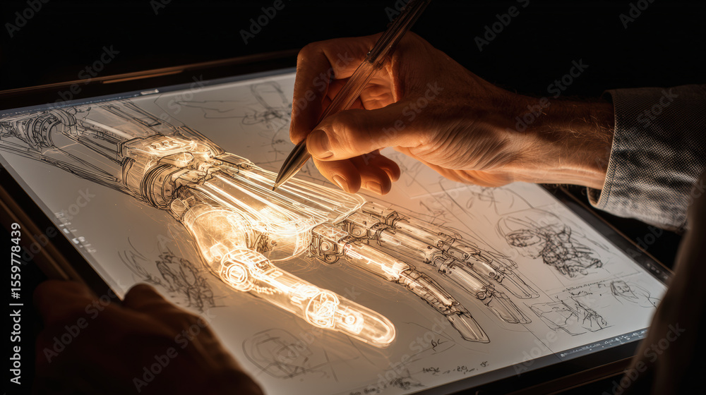 Poster a hand sketches a detailed mechanical robotic arm design on a light table, showcasing intricate engi