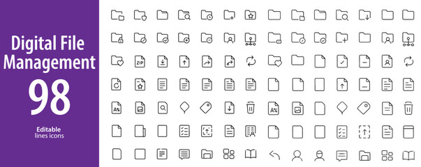 Digital File Management Line Icons, Folder, Upload, Download, Cloud Storage, Archive, Backup, and More , Editable Formats: AI, EPS, JPG, PNG , Ideal for Both Digital and Print Use

