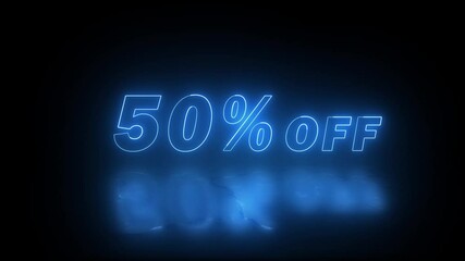 Neon blue glowing 50 percent off sign on black background. Abstract 50% percent off text neon animation. - Powered by Adobe