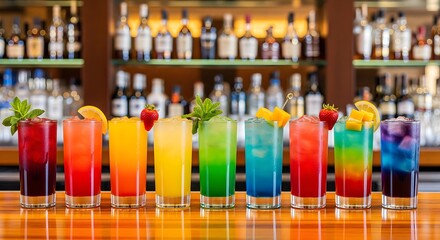Colorful Cocktail Variety Displayed on Elegant Bar Countertop