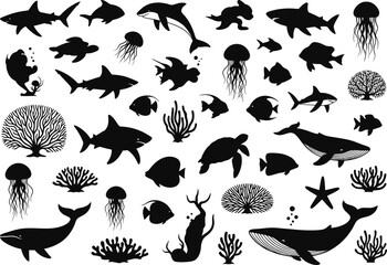 Naklejka premium Ocean Life Sharks, Whales, Jellyfish, and Coral Silhouettes