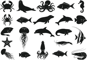 Obraz premium Collection of Diverse Sea Life Silhouettes Fish, Mammals, and Invertebrates